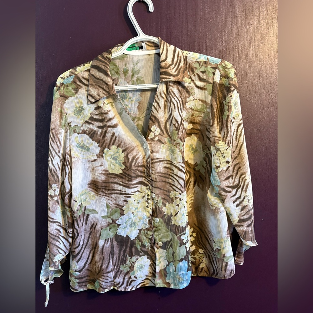 Floral Zebra Print Sheer Blouse